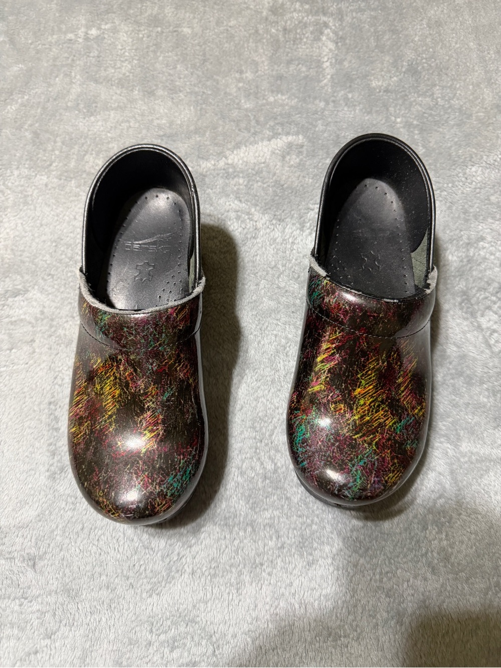Dansko Black Clogs with Multi-Color Scribble Pattern size 35